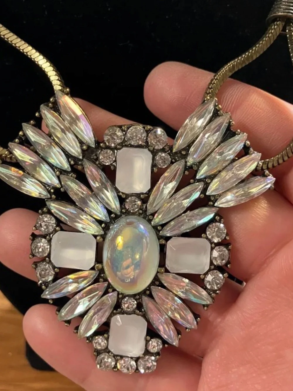 Baublebar AB Rhinestone Iridescent Cabochon Statement Necklace Gold Tone Glam